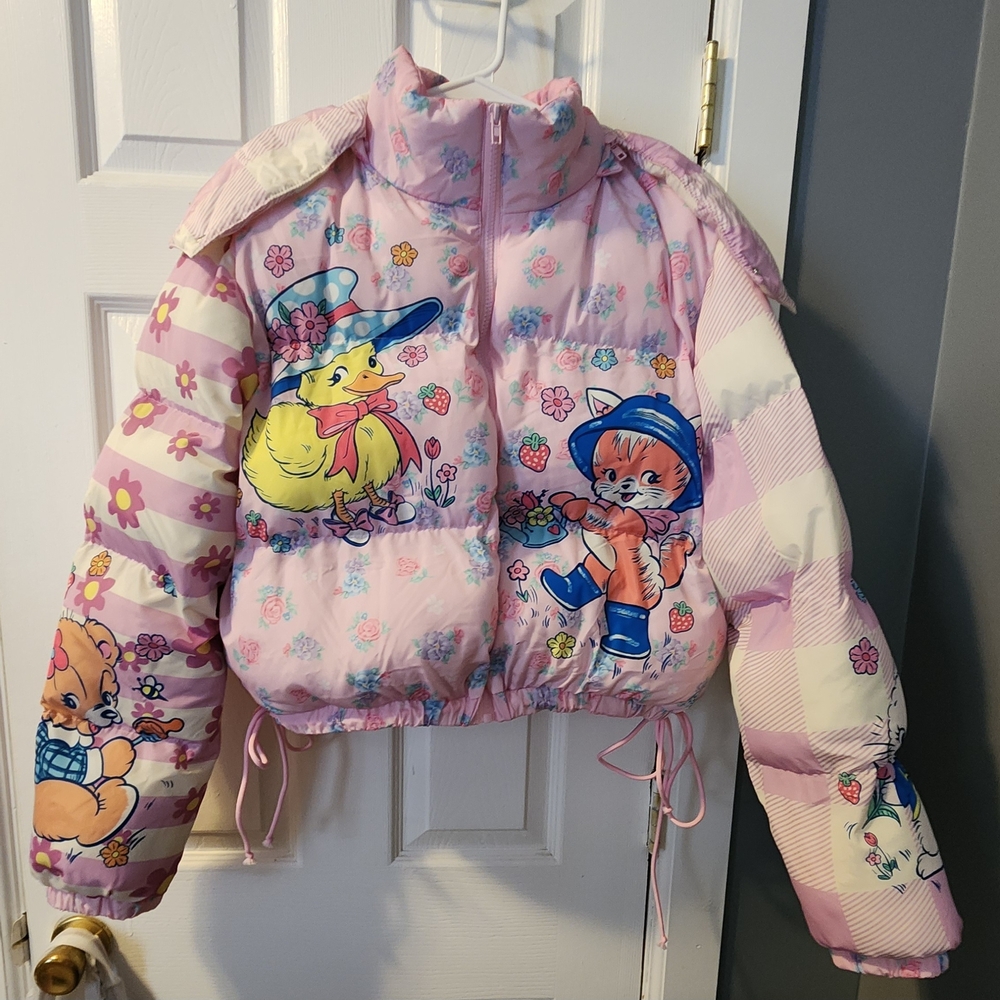 Dollskill pink/purple cute critters cropped puffer jacket